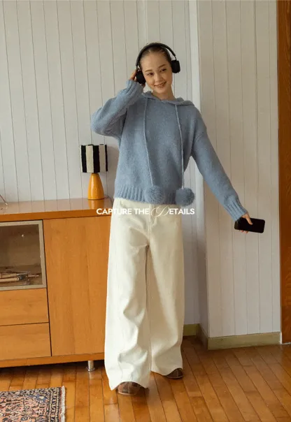 Pom-Pom Hooded Knit Sweater