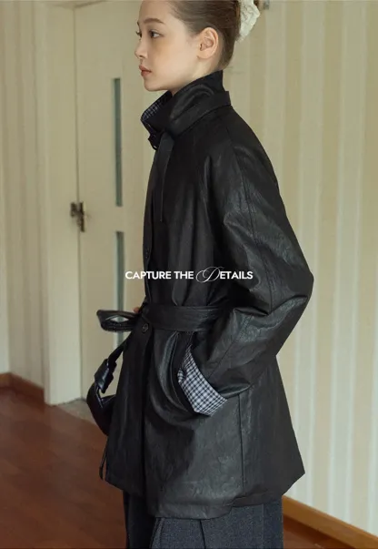 Stand Collar Mid-Length Coat with Plaid Splice and Belt