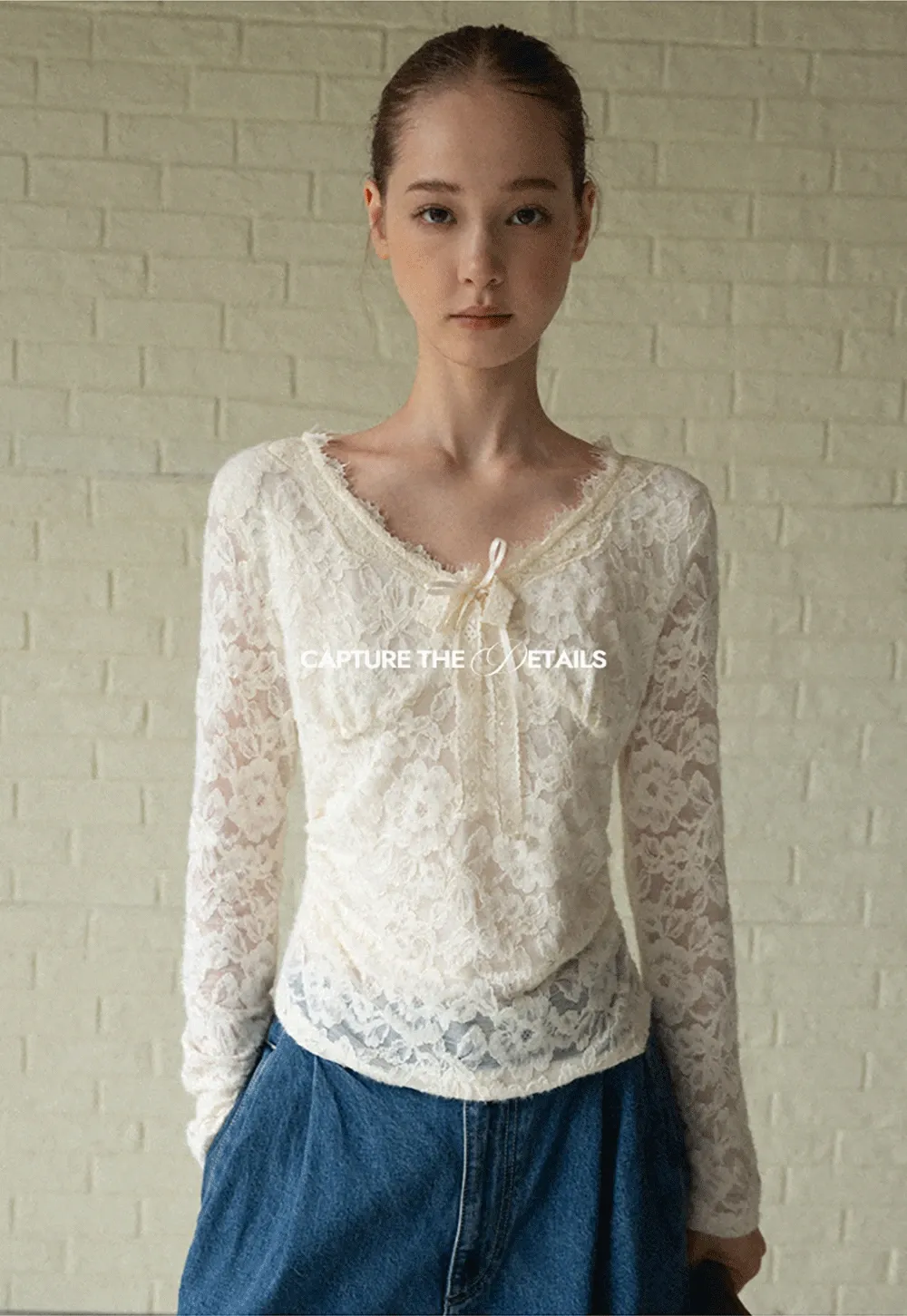 V-Neck Lace Jacquard Bow Top