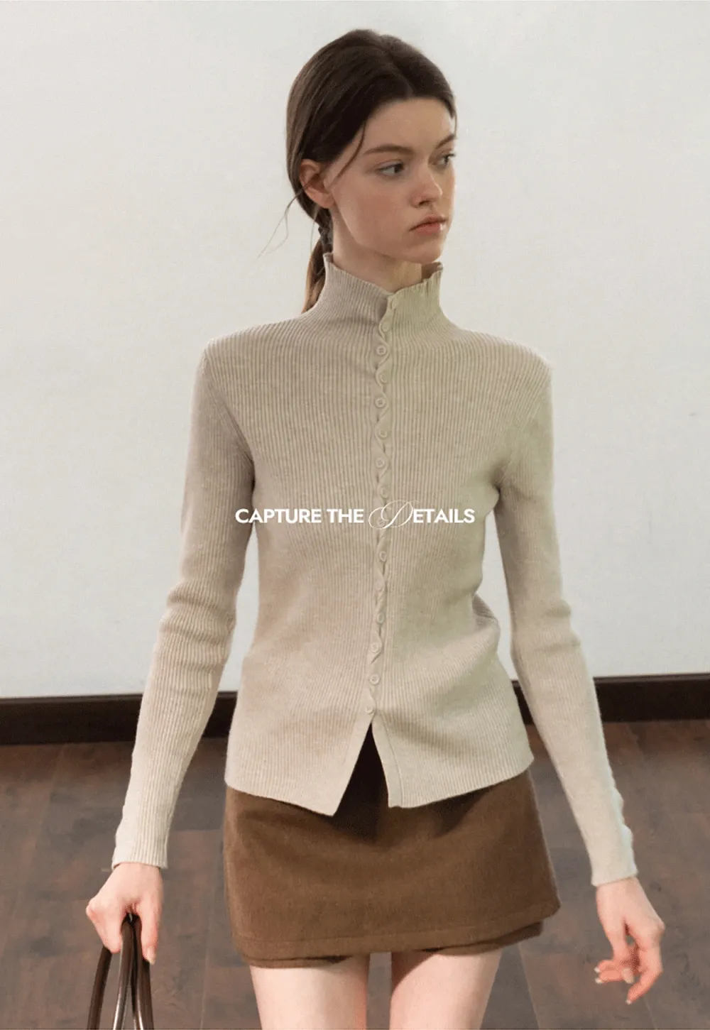 Stand-Collar Twist Button Knit Top