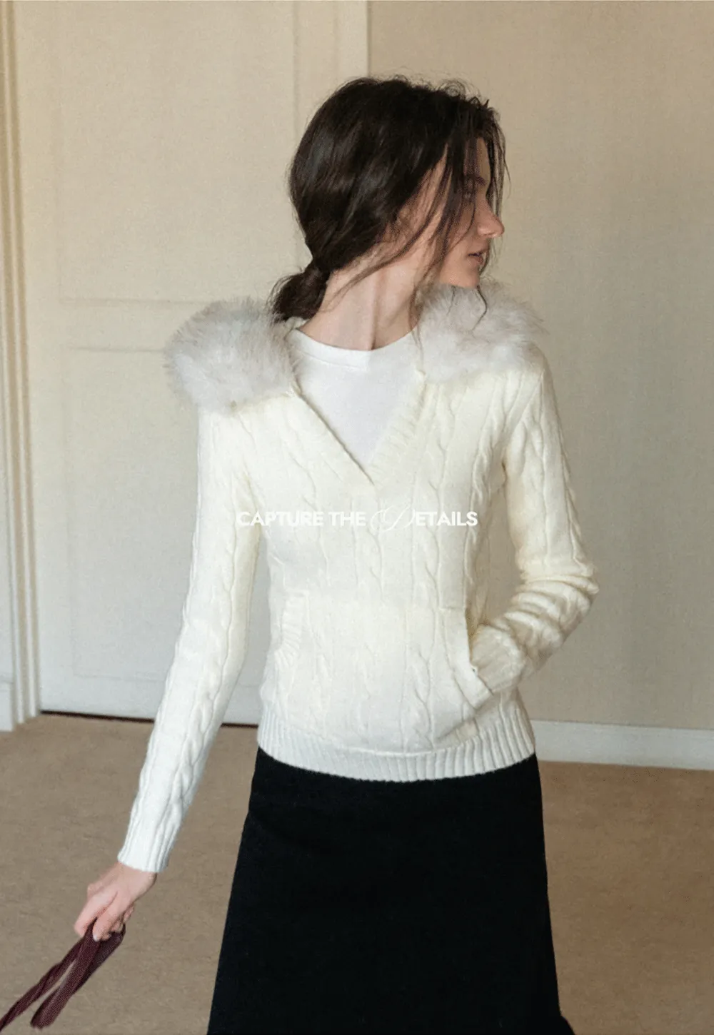 Faux Fur Collar Cable-Knit Sweater