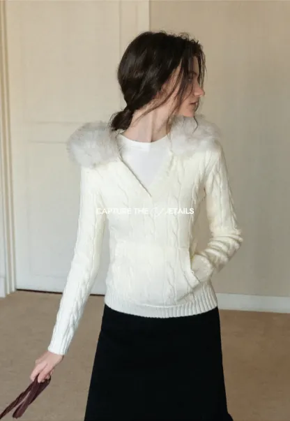 Faux Fur Collar Cable-Knit Sweater
