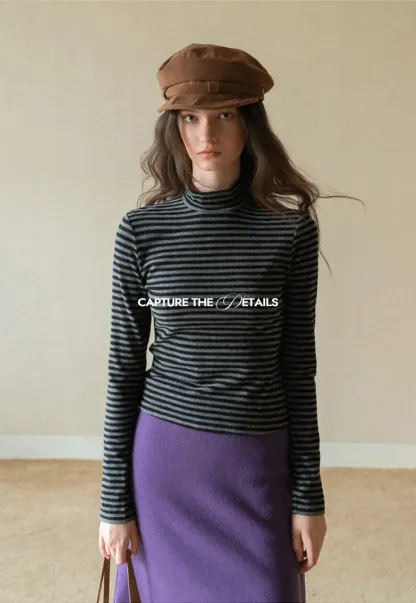 Striped Mock Neck Slim Long Sleeve Tee