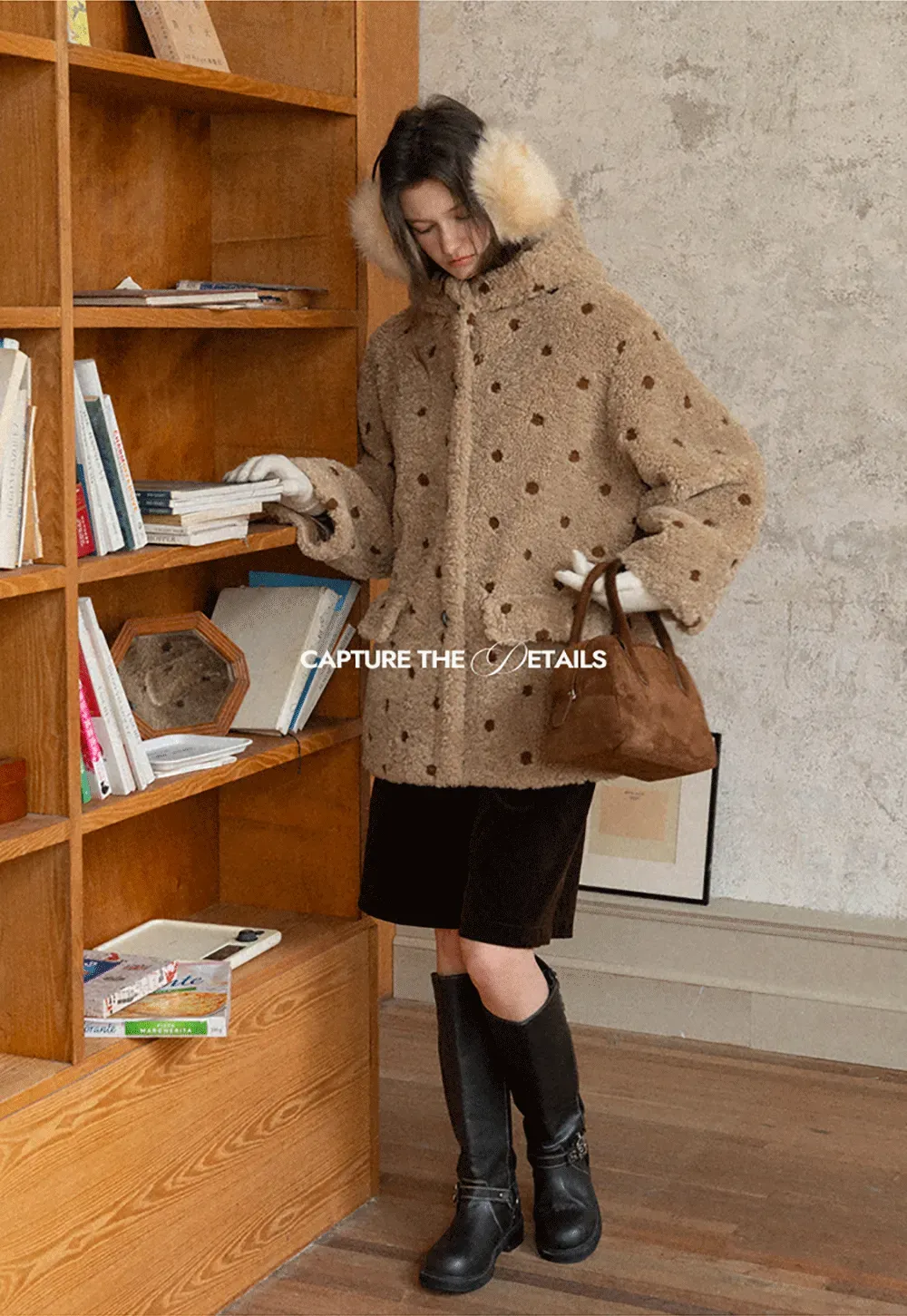 Polka Dot Teddy Fleece Hooded Coat