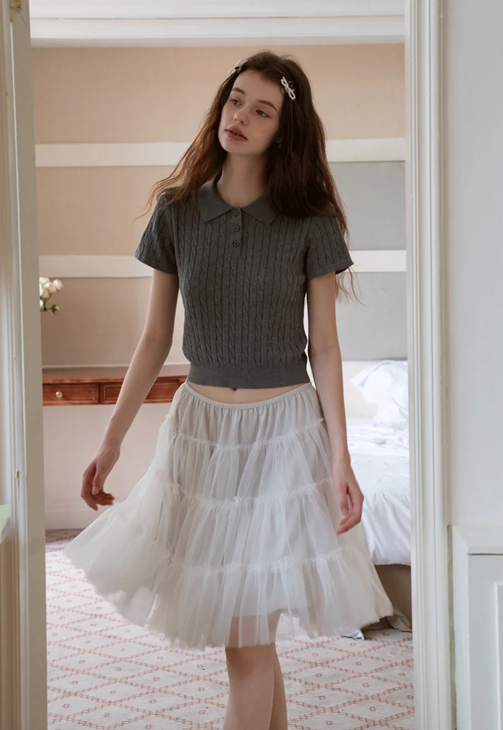 Women's Grey Ribbed Polo Shirt with Short Sleeves