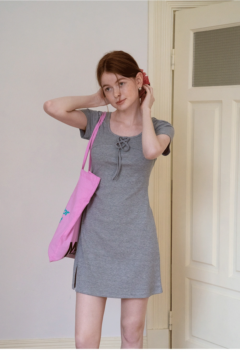 Bow Front Ruched Knit Mini Dress
