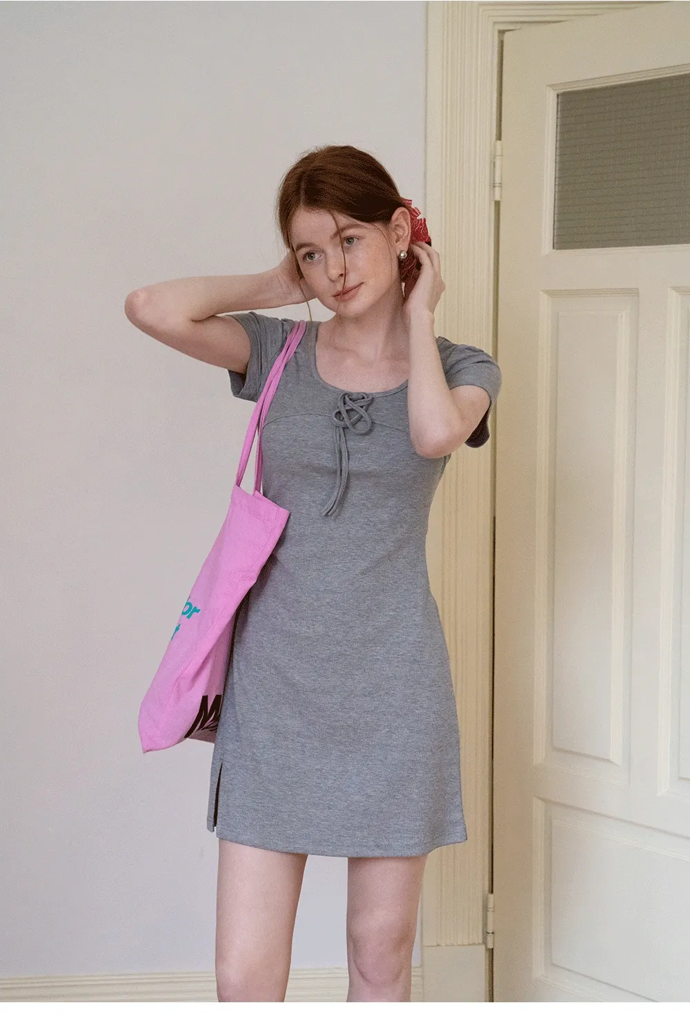 Bow Front Ruched Knit Mini Dress