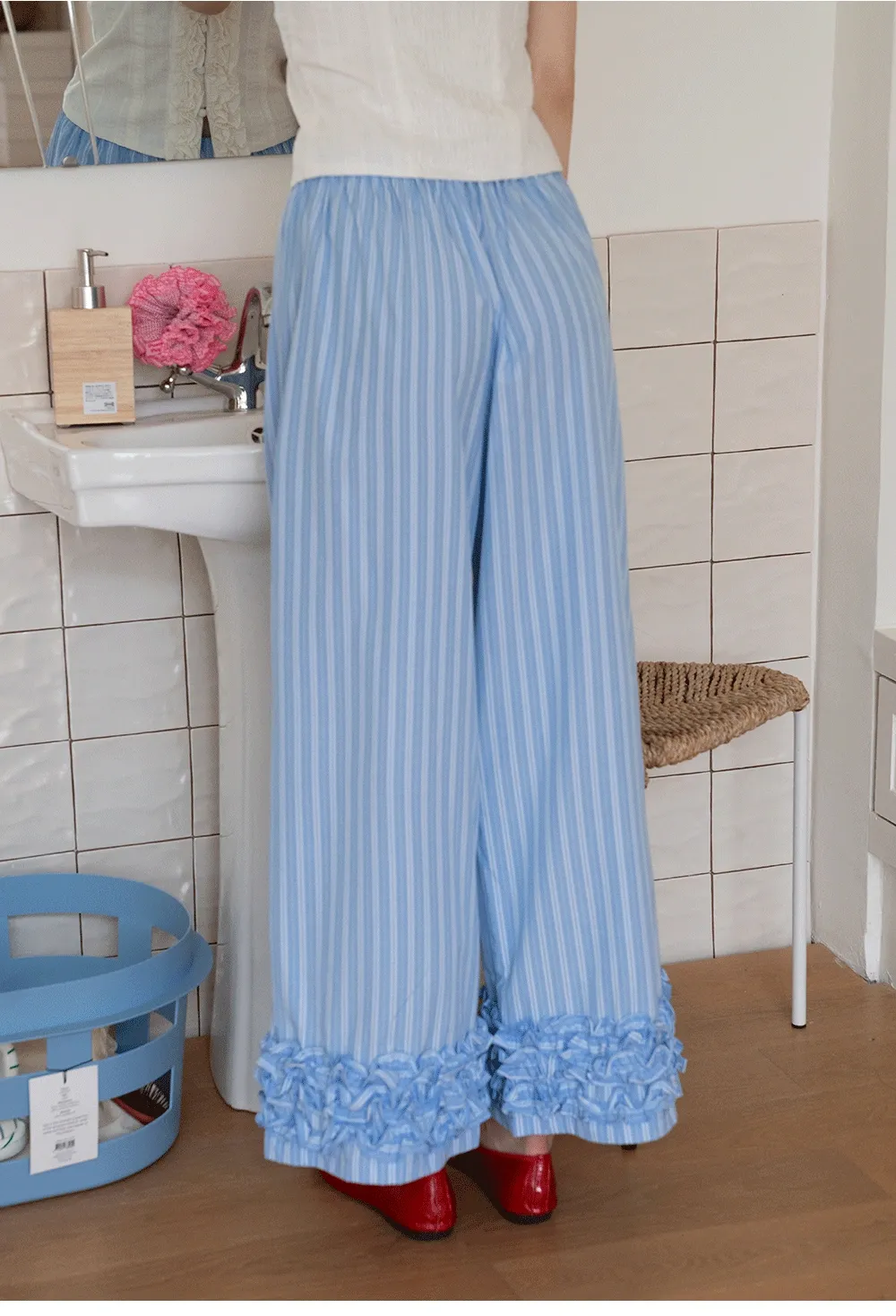 Striped Wide-Leg Pants with Ruffle Hem