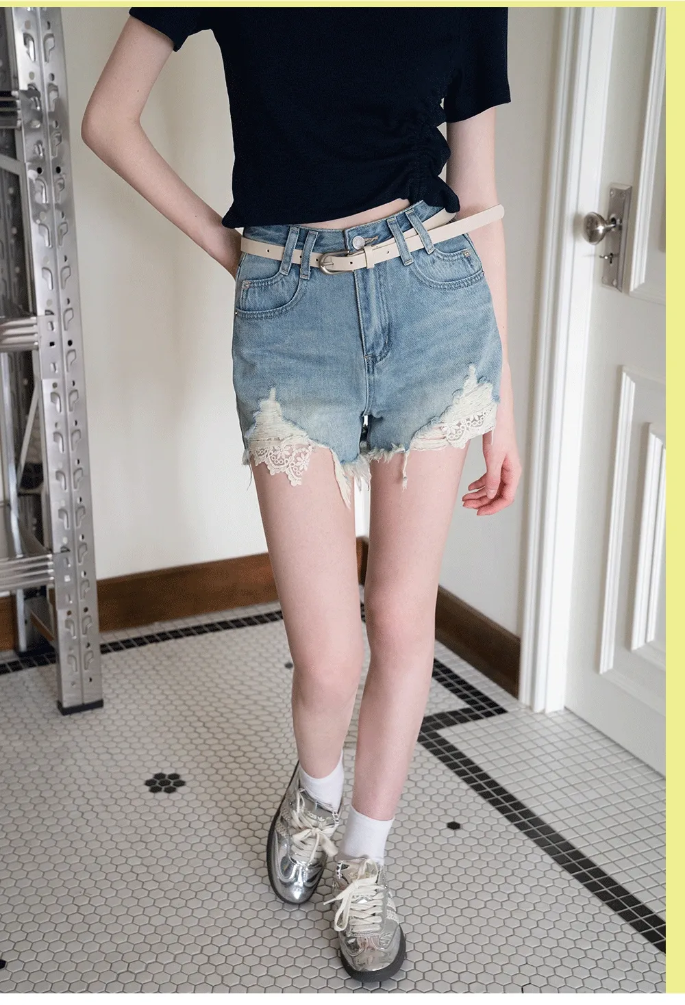 Women’s High‑Waist Ripped Lace Denim Shorts
