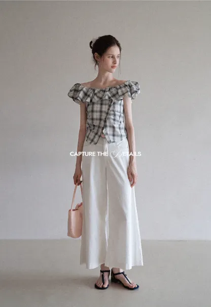 Off-Shoulder Plaid Ruffle Top
