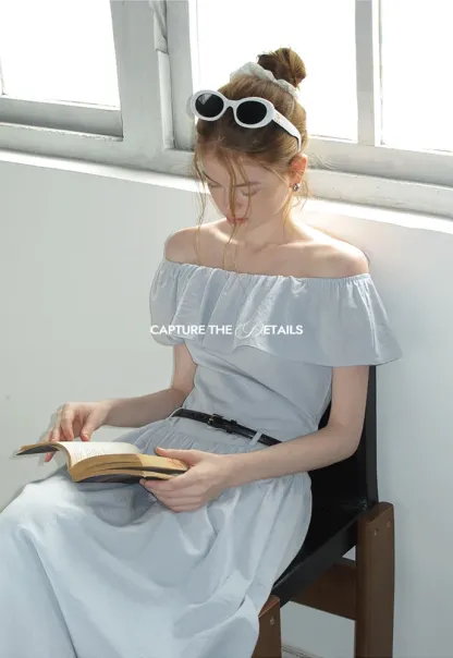 Women’s Off-Shoulder Ruffle Belted Midi Dress