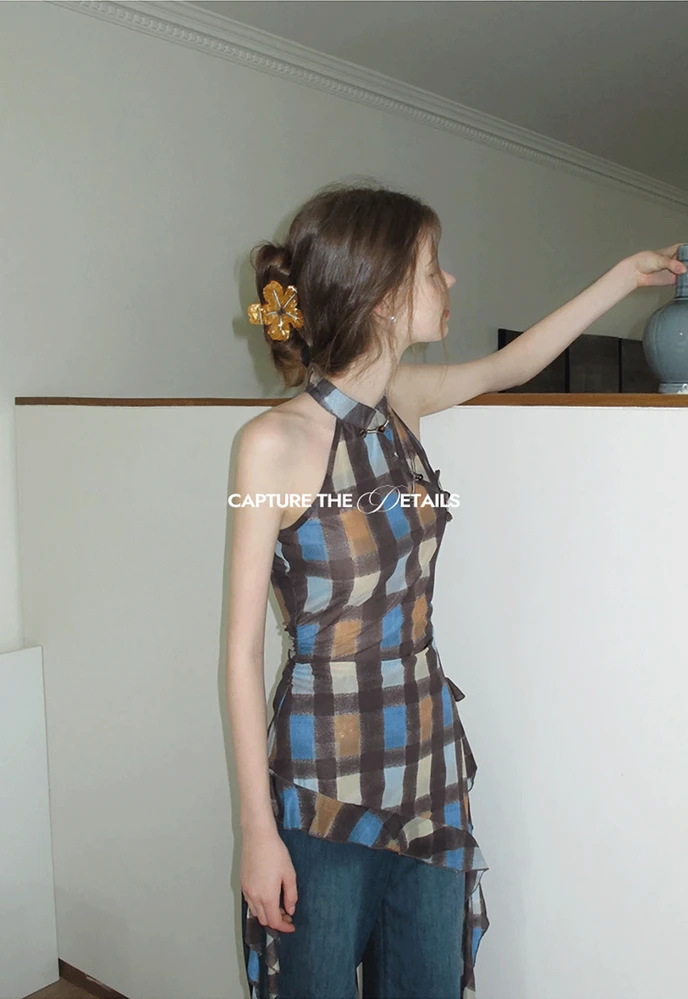 Women’s Plaid Frog-Button Handkerchief-Hem Halter Top