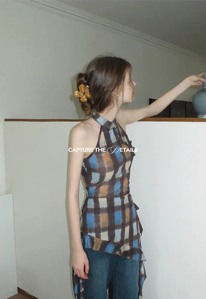 Women’s Plaid Frog-Button Handkerchief-Hem Halter Top