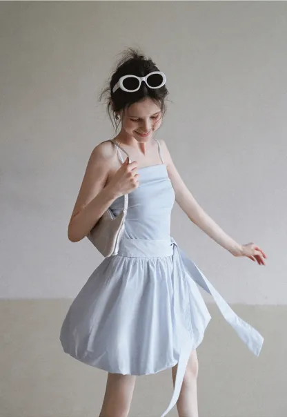 Blue Tie Waist Cami Mini Dress