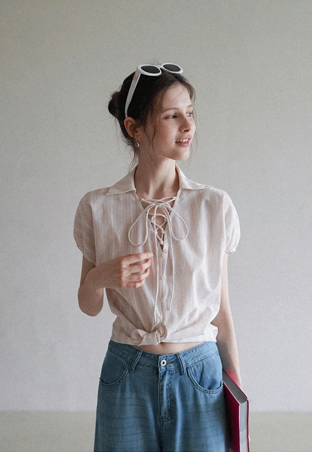 Striped Short Sleeve Blouse with Lace-Up Neck