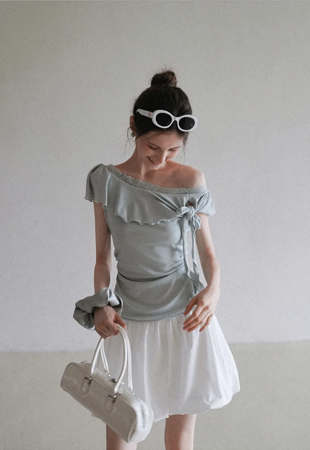 Chic Off Shoulder Ruffle Blouse with Lace Lining
