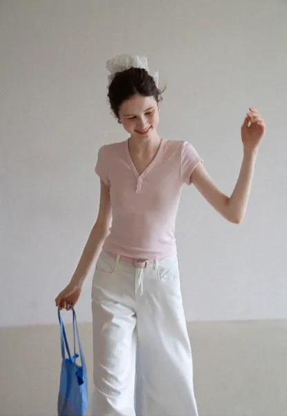 Women's V Neck Button Front Short Sleeve T-Shirt