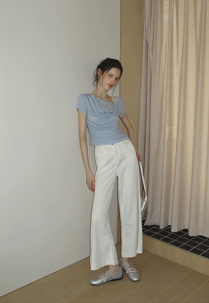 Women’s Cowl Neck Lace-Back Ruched Tee