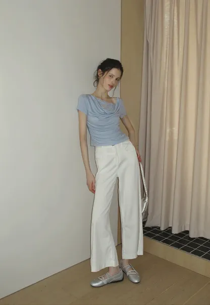 Women’s Cowl Neck Lace-Back Ruched Tee