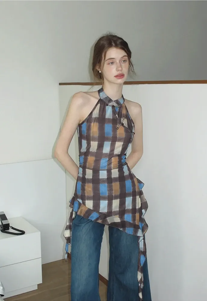 Women’s Plaid Frog-Button Handkerchief-Hem Halter Top