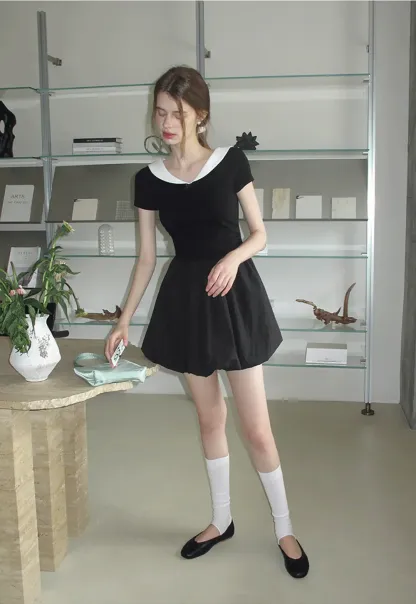 Contrast Collar Puff Sleeve Mini Dress