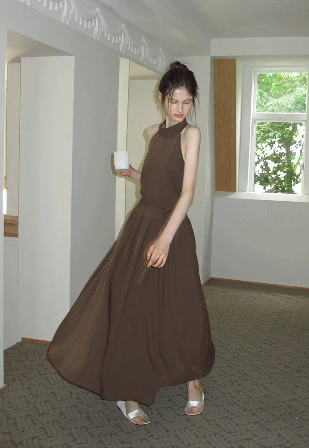 Halter Neck Midi Dress with Waist Tie