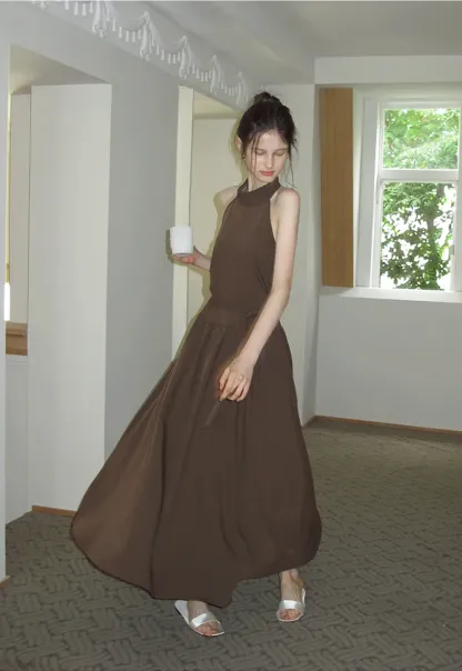 Halter Neck Midi Dress with Waist Tie