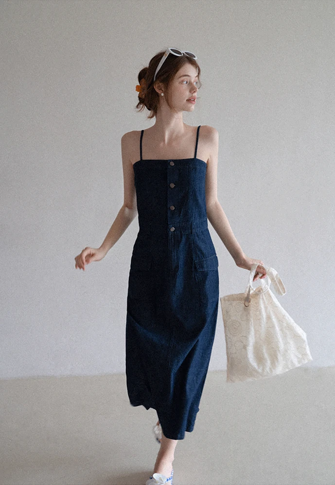 Button-Front Cargo Pocket Denim Dress