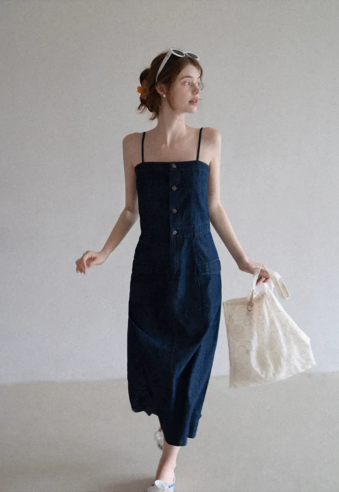 Button-Front Cargo Pocket Denim Dress