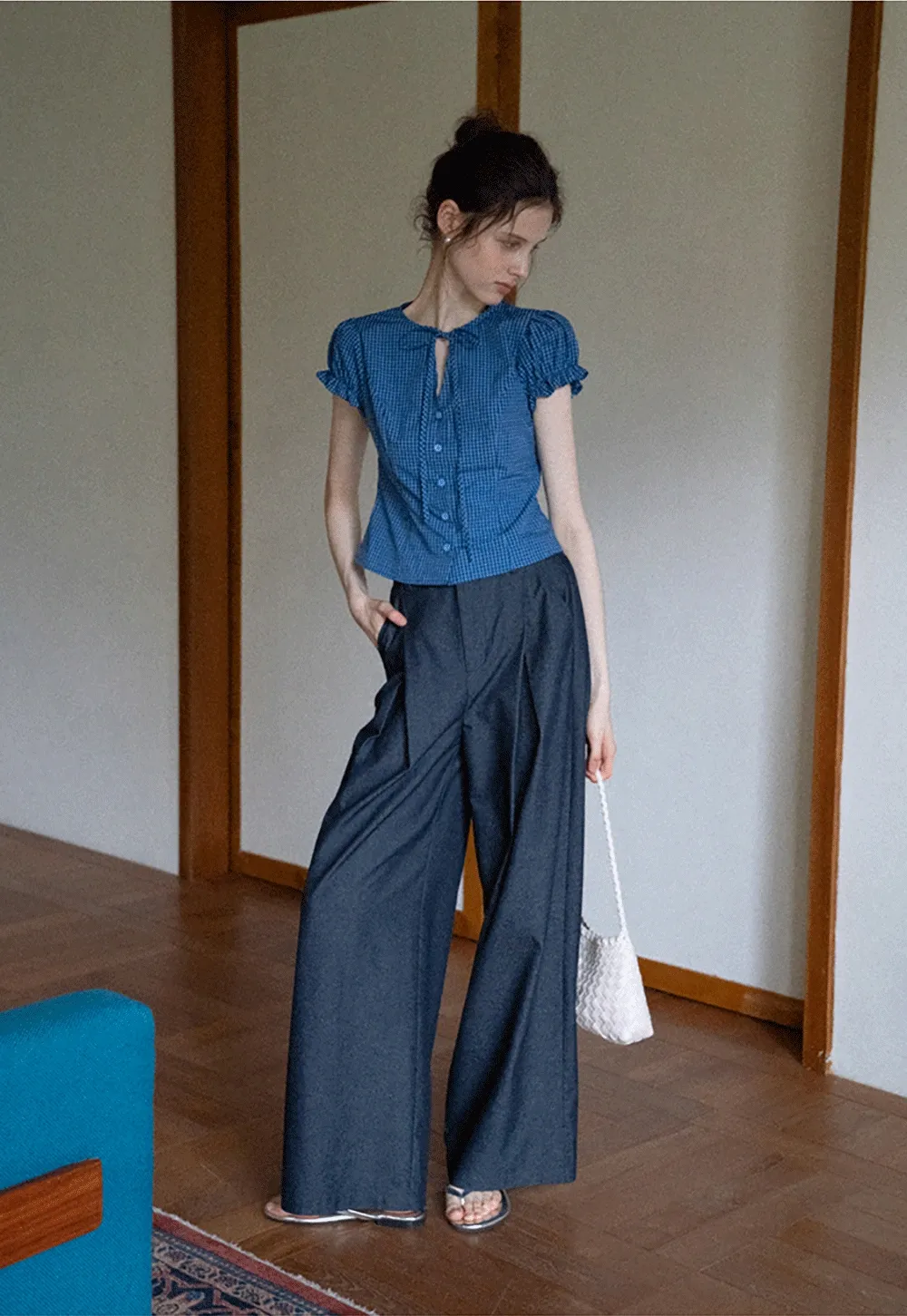 Gingham Puff Sleeve Blouse with Tie Neck