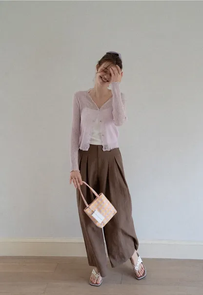 Women Ruffle Ribbed Knit Button Cardigan