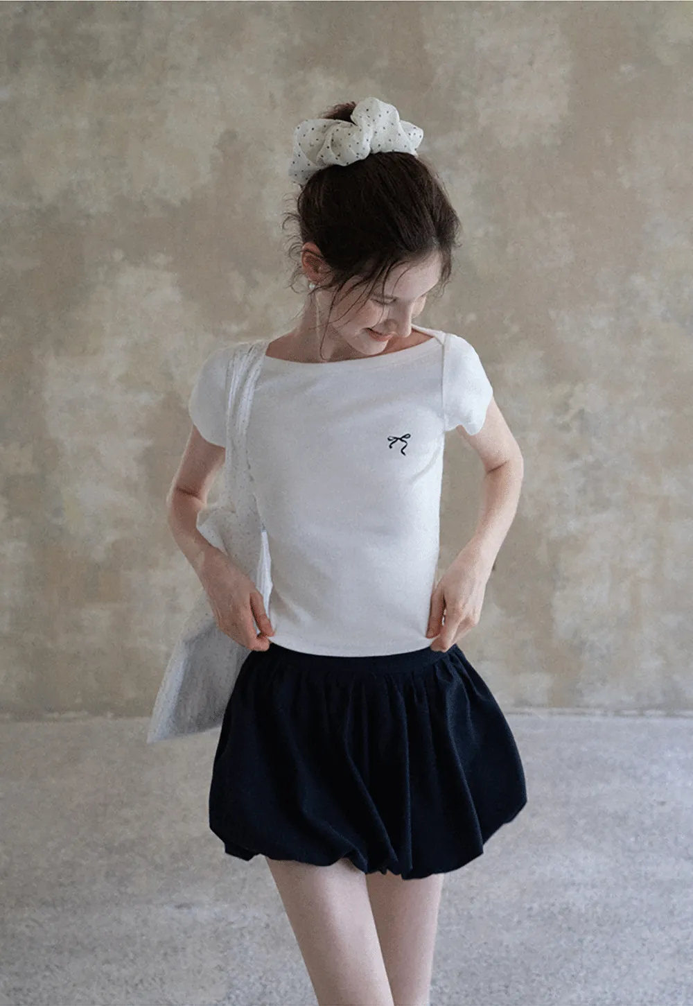 Women's Boat Neck Ribbed Tee with Embroidered Bow