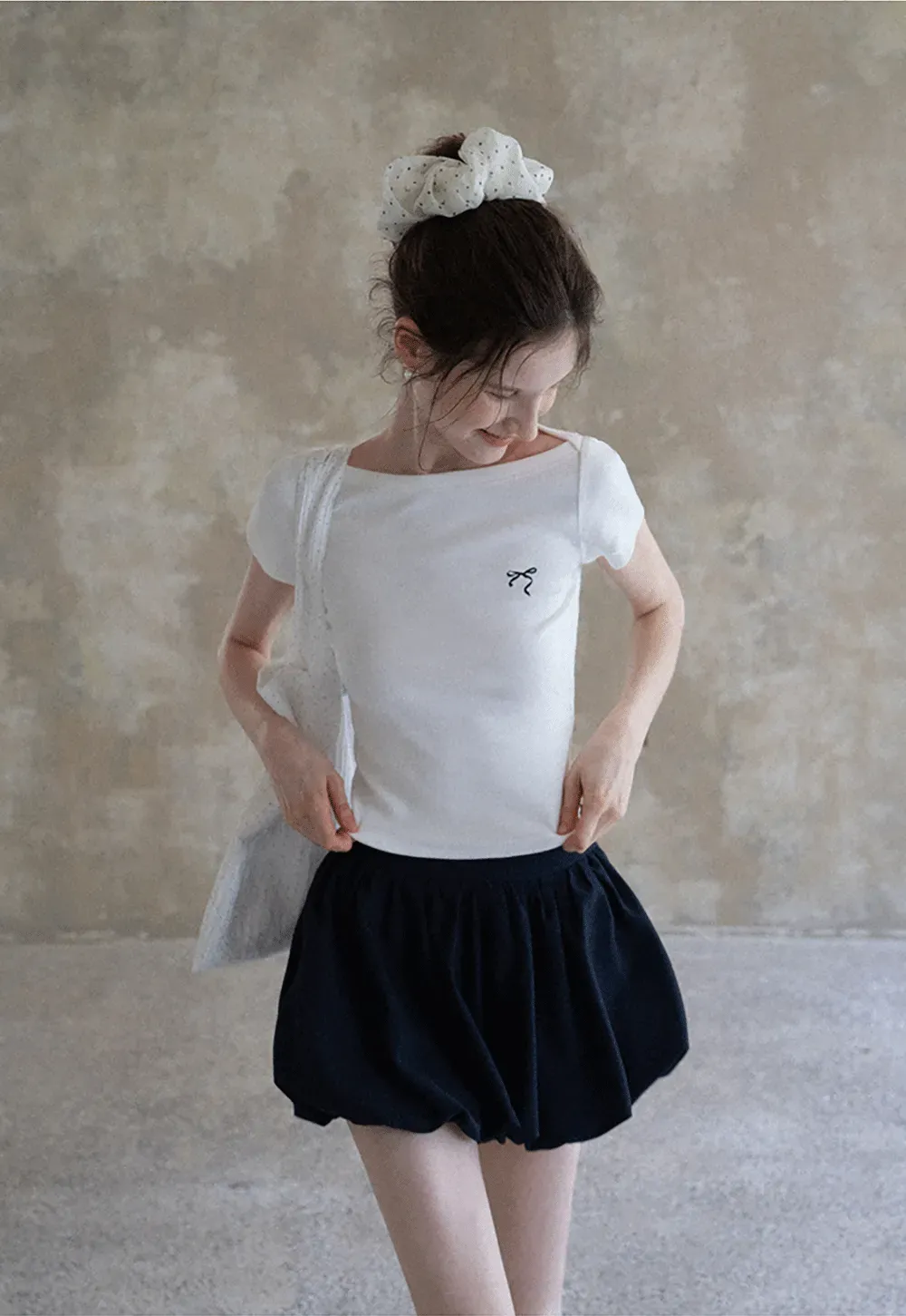 Women's Boat Neck Ribbed Tee with Embroidered Bow