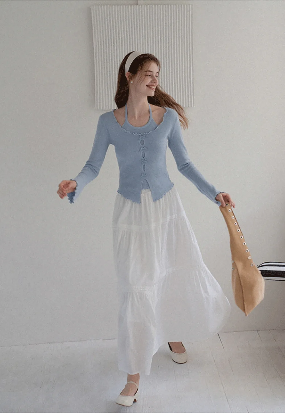 Women Long Sleeve Bow Front Split Hem Lettuce Trim Knit Top