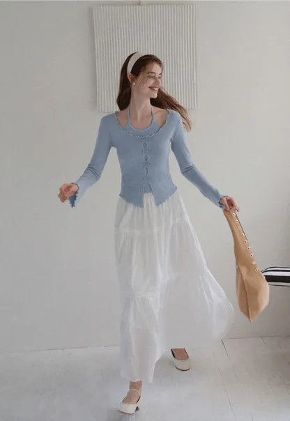 Women Long Sleeve Bow Front Split Hem Lettuce Trim Knit Top