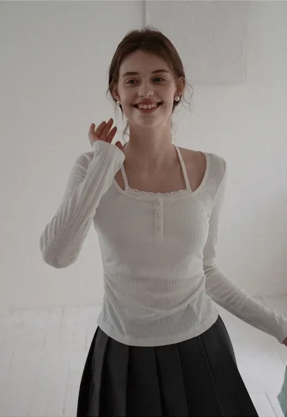 Long Sleeve Square Neck Halter Crop Top