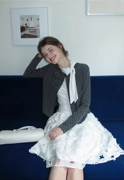 Polka Dot Ruffle Button-Up Cardigan