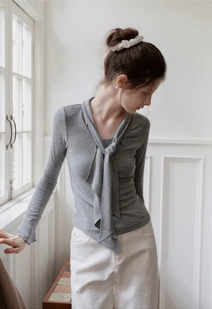 Women's Tie Neck Long Sleeve Tee
