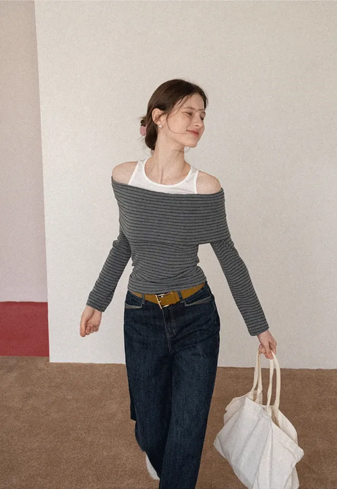 Spliced Faux Two-Piece Off-Shoulder Top