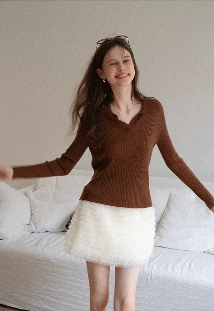 Ribbed Open-Collar Knit Top