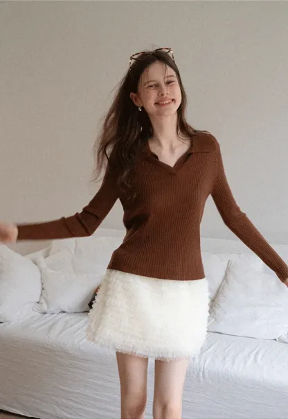 Ribbed Open-Collar Knit Top