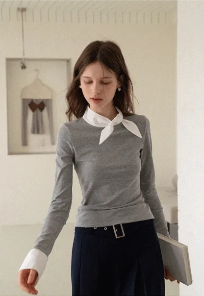 Women's Colorblock Scarf Neck Long Sleeve Top