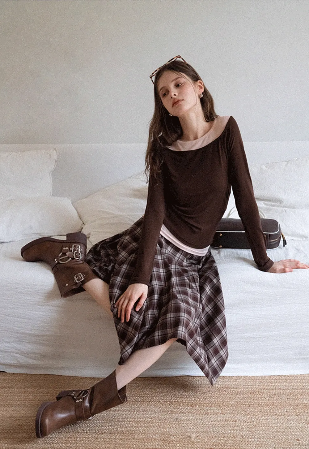 Women's Layered Boat Neck Long Sleeve Top