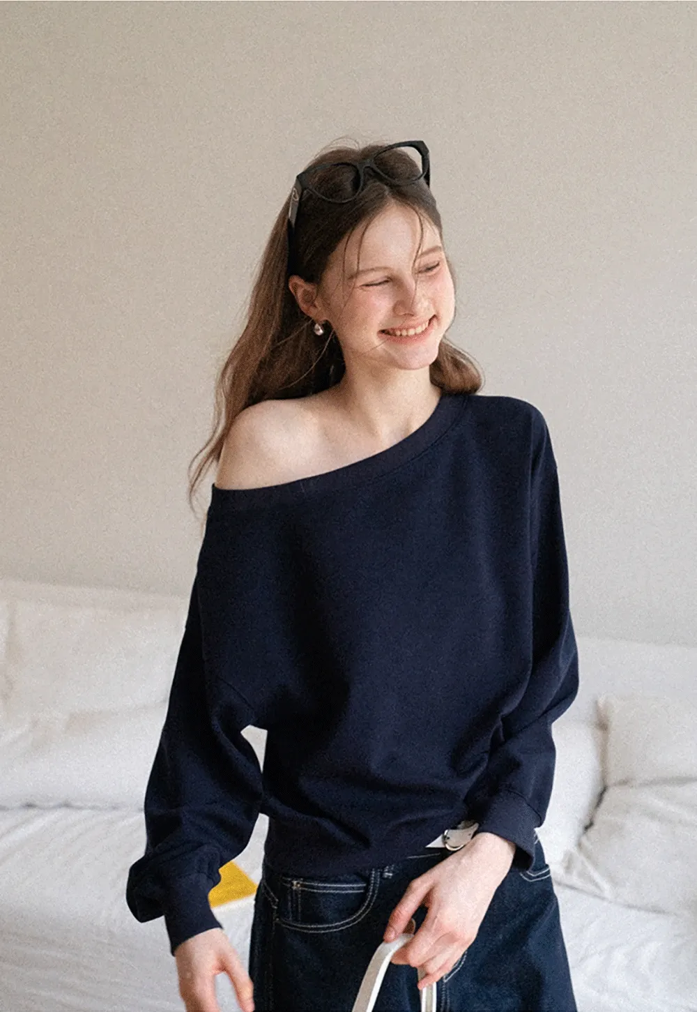 Womens Tie-Front Loose One-Shoulder Sweatshirt