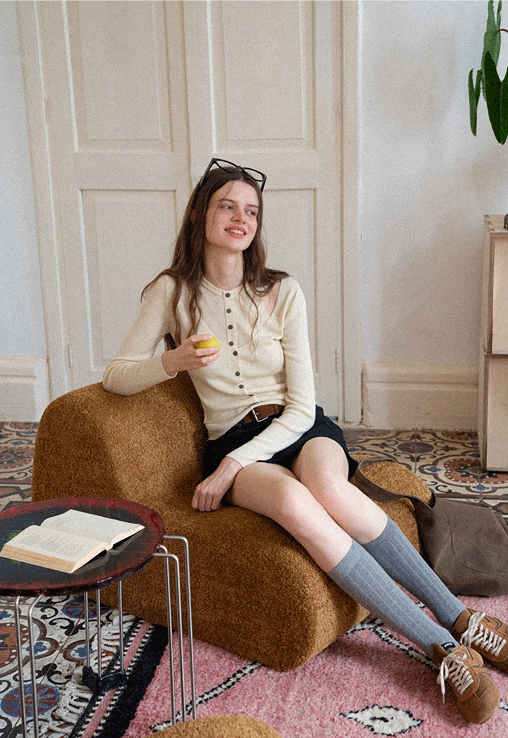 Cut-Out Button Long Sleeve Knit Top