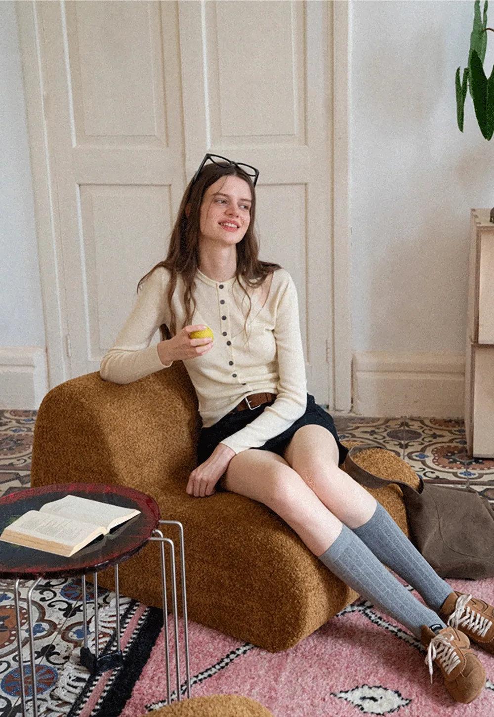 Cut-Out Button Long Sleeve Knit Top