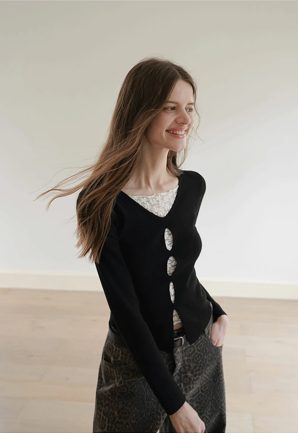 Black Long Sleeve V-Neck Cardigan with Lace Deta