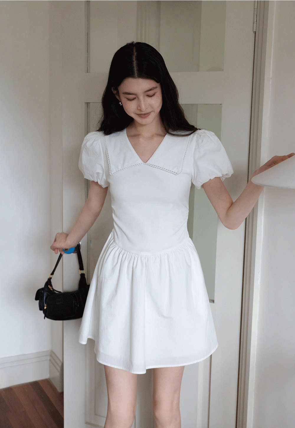 French V-Neck Puff Sleeve White Dress