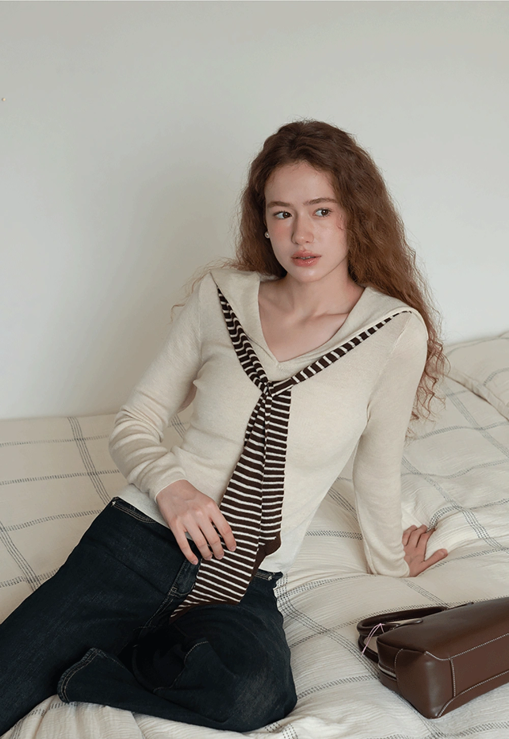 Womens Sailor Collar Long Sleeve Knit Top with Tie