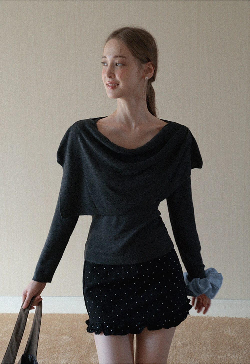 Womens Draped Cowl Neck Knit Top